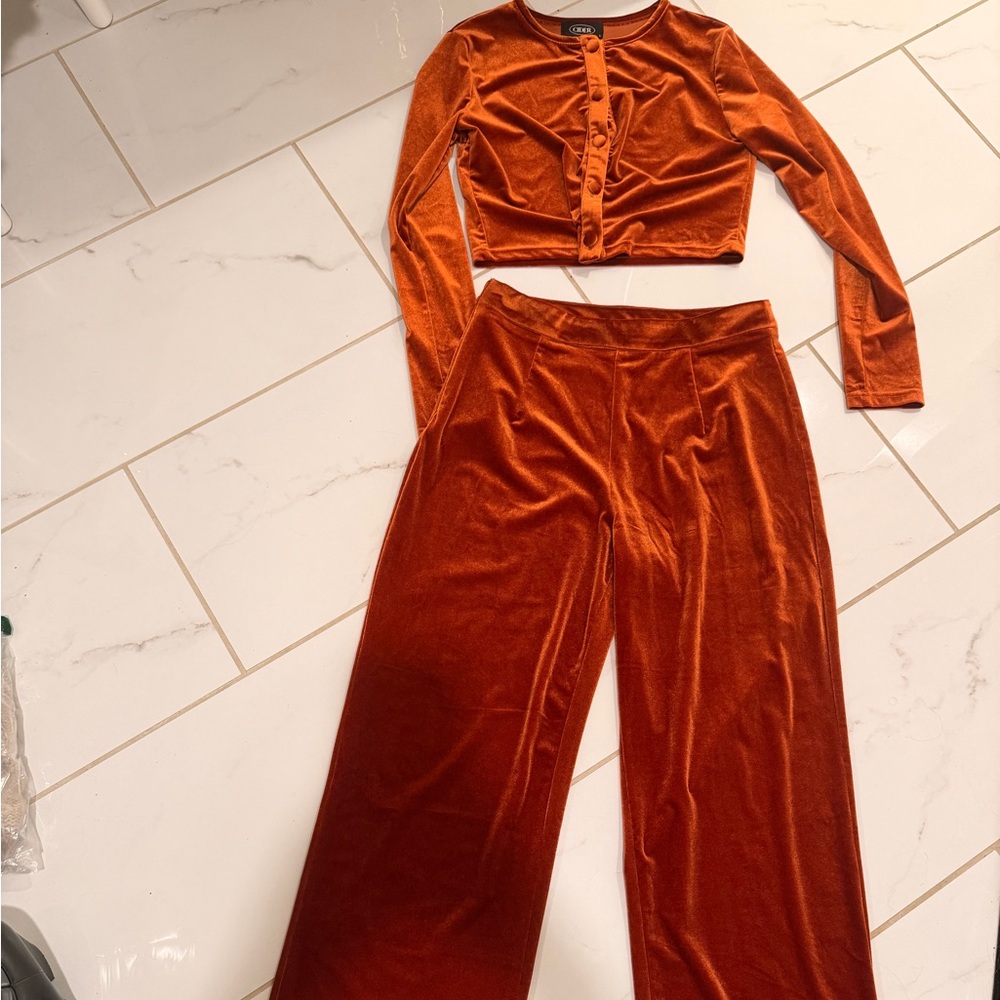 Cider Rust Velvet Wide Leg Pants and Crop Top Set